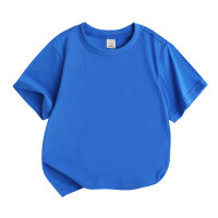 Camiseta de manga corta absorbente de sudor de color sólido de algodón puro con cuello redondo suelto para niños  Azul