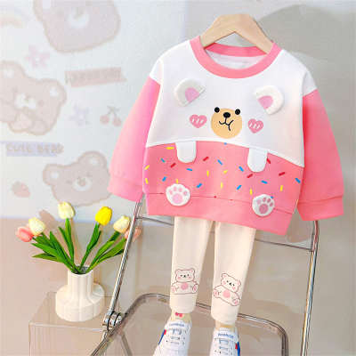Sweat-shirt 2 pièces style ours à blocs de couleurs pour toute-petite fille et leggings assortis