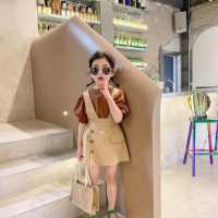 Very fishy girl's summer suit baby girl puff sleeve T-shirt suspender skirt two-piece set RX632  Khaki
