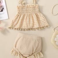 Cotton mesh high temperature dyed apricot lace hanging baby shirt and shorts for baby girls fashion two-piece suit  Apricot