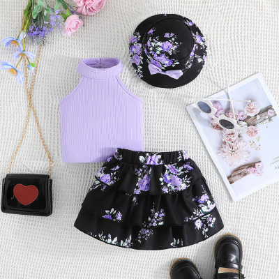Cross-border e-commerce round neck sleeveless top + printed skirt + hat fashionable and versatile infant and toddler summer three-piece set batch