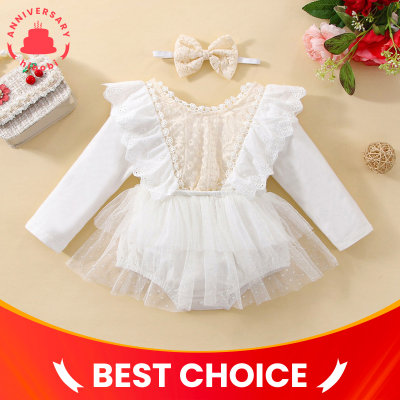 Baby Girl Solid Color Lace Mesh Decor Long Sleeve Triangle Romper & Headband