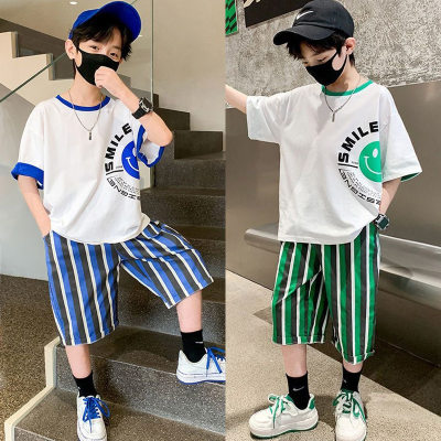 Boys striped smiley face summer suits for middle and large children summer clothes trendy children's short-sleeved shorts casual two-piece