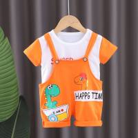 Summer new boys round neck solid color casual short-sleeved denim bear overalls baby two-piece set  Orange