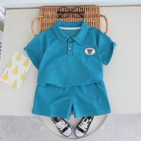 Boys short-sleeved suit summer new style fashion bear head round label lapel short-sleeved summer suit  Blue