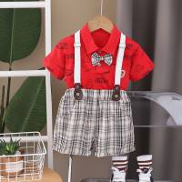 2024 crianças verão novo estilo menino bonito vestido de um ano terno bebê menino casual manga curta suspensórios terno de duas peças  Vermelho