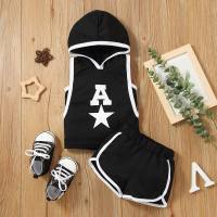 Cross-border ins infant boy baby summer style hooded letter five-pointed star influence sleeveless top shorts suit  Black