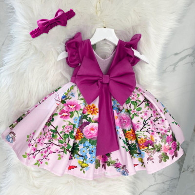 Toddler Girls Sweet Retro Floral Bowknot Decor Formal Sleeveless Dress with Headband
