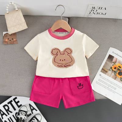 Summer new arrivals, cute street-style patch rabbit head round neck short-sleeved shorts suit for small and medium-sized children, cute girls summer suit
