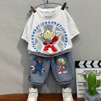 2024 versión coreana de ropa de manga corta ropa Ultraman traje de verano para niños nuevos y guapos niños y bebés  Blanco