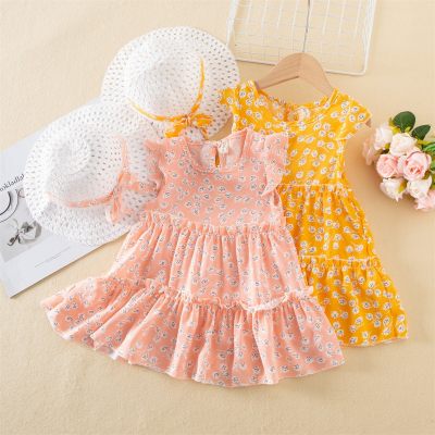 Toddler Girl Small Buds Print Dress & Straw Hat