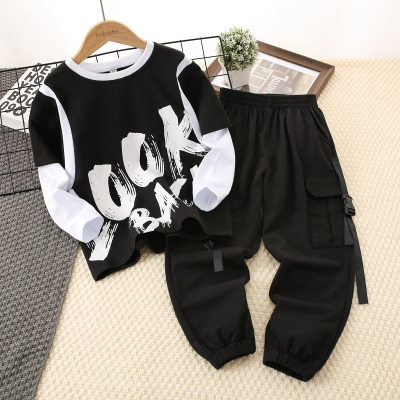 2-piece Kid Boy Color-block Letter Printed Long Sleeve T-shirt & Solid Color Cargo Pants