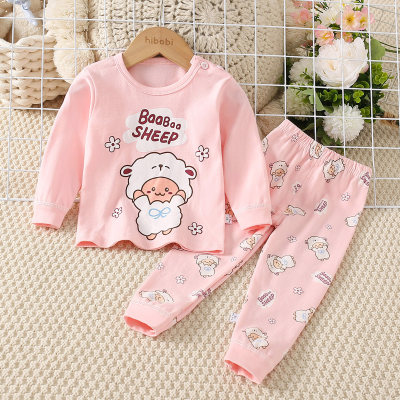 2-piece Toddler Girl Pure Cotton Flower and Sheep Printed Long Sleeve Top & Matching Pants