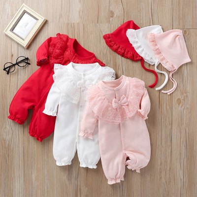 Baby Girl 2 Pieces Solid Color Ruffle Lace Bow-knot Decor Jumpsuit & Hat