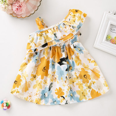 Baby Girl Floral Pattern Ruffle Decor Asymmetrical Neck Diagonal Sleeveless Dress