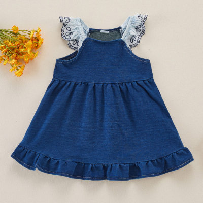 Baby Girl Casual Solid Denim Lace Decor Dress