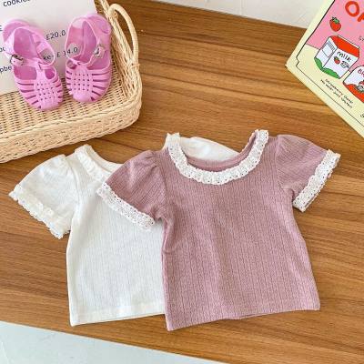 Summer baby short-sleeved T-shirt baby internet celebrity fashionable baby personality trendy Korean style lace puff sleeve sweet top