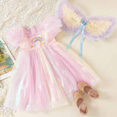 Vestido de princesa de fiesta con mangas abullonadas y alas de arcoíris dulces para niñas y niños