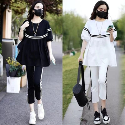 2PCS belly-covering patchwork T-shirt dress two-piece set