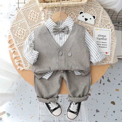 Children's British style striped long-sleeved shirt autumn boys' double-breasted suit vest cardigan children's suit three-piece set