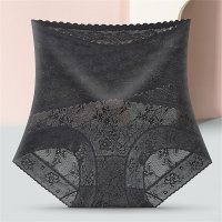 Large size high waist sexy lace women's underwear nude soft breathable pure cotton bottom crotch high elastic mesh plus fat underwear  Black