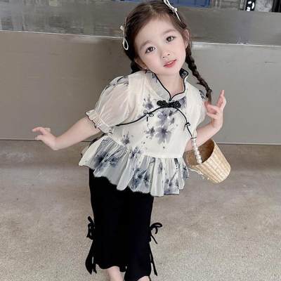 Vestido para niñas 2024, nuevo traje de estilo occidental, estilo antiguo, Hanfu, traje Tang con pintura de tinta de verano para bebé, conjunto de dos piezas