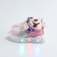 حذاء رياضي بشريط فيلكرو مرقع بألوان LED للأطفال الصغار  وردي 