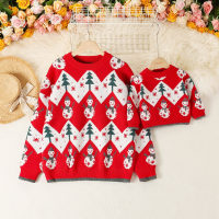 Mom and Me Christmas Snowman and Tree Pattern Thick Knitted Sweater  Red