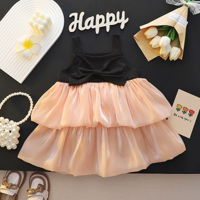 Girls suspender princess dress summer 2024 new little girl stylish bow mesh flower bud sweet dress