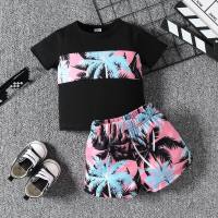 Infant and toddler boy's tree print spliced T-shirt set two-piece foreign trade children's clothing  Black