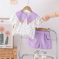 New summer girls floral lapel short-sleeved suit baby girl casual shorts two-piece suit  Purple
