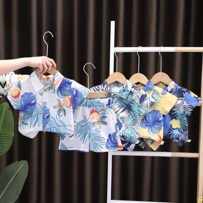 Summer boys' short-sleeved shorts suit, all-over printed handsome collared shirt, stylish boy's two-piece suit, dropshipping