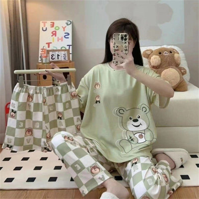 Teenage Girls Three-piece Plaid Bear Pajama Set