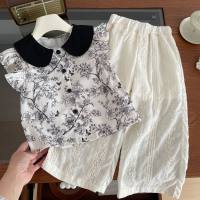 Summer new girls fashion two-piece suit doll collar floral top children's casual straight pants suit trendy  White