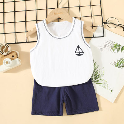 2-piece Toddler Boy Pure Cotton Sailboat Printed Vest & Solid Color Shorts