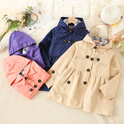 Kid Girl 100% Cotton Solid Color Button Front Plaid Hooded Trench Coat