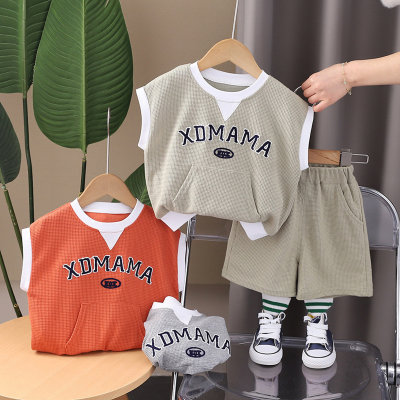 Boys summer new suits children's clothing small and medium children's round neck letter printed vest sports casual wear two-piece suit