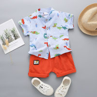 Baby Dinosaur Print Stand Collar Short Sleeve Top & Letter Applique Shorts  Blue
