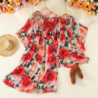 Elegant Floral Print Round Collar Long Dress for Mom and Me  Pink
