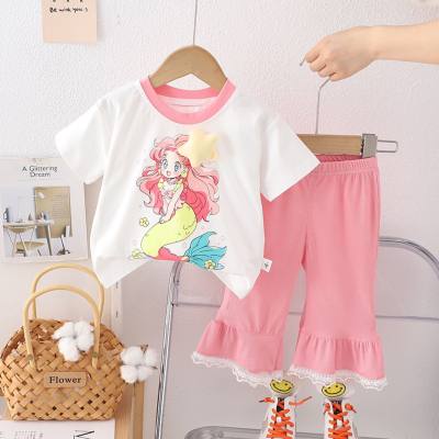Summer new fashion cute children's western-style cartoon short-sleeved little girl flared pants two-piece suit girl suit trendy
