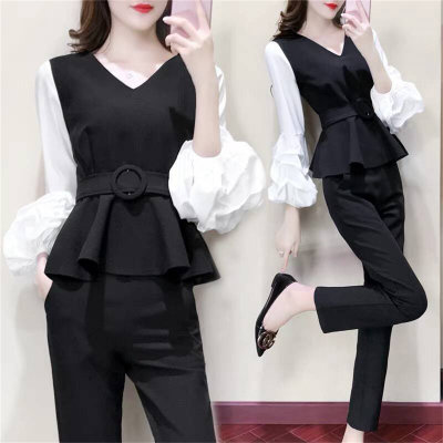 3PCS Western-style ladies' fashion work suits with puff sleeves, slim and thin