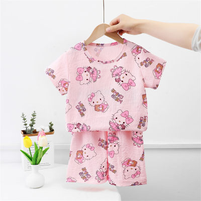 Summer girls pajamas bubble cotton short-sleeved thin suit girl children's home clothes outer wear