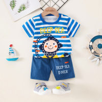 T-shirt a maniche corte con stampa di lettere e cartoni animati in puro cotone a righe da bambino in 2 pezzi e pantaloncini coordinati  Blu