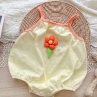 Baby summer jumpsuit, fashionable baby girl, super cute and cute flower sling bag fart clothes, thin harem for infants and young children  Yellow