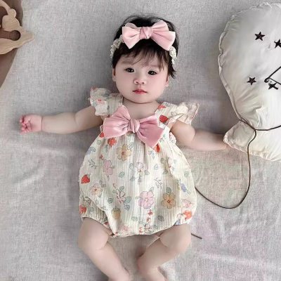 Baby summer bowknot bodysuit cute jumpsuit for newborn baby girl triangle crawling clothes thin sling romper