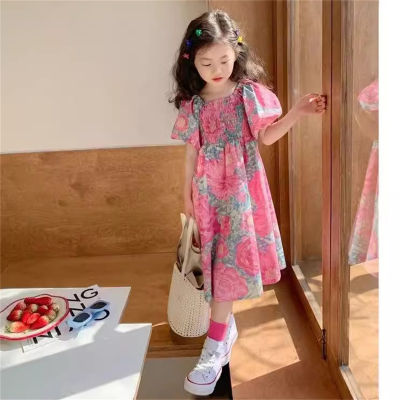 Vestido floral de manga corta para niñas Vestido de manga abullonada estilo pastoral para niños de moda