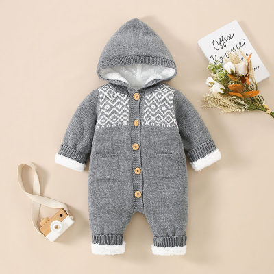 Baby Graphics Pattern Button-up Hooded Fleece-lined Knitted Long-sleeved Long-leg Romper