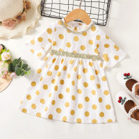 Baby Girl Gold Polka Dot Fabric Patchwork Sequin Webbing Dress  White