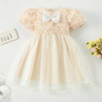 Girl Baby Elegant Sweet Mesh Botanical Print Dress  Beige