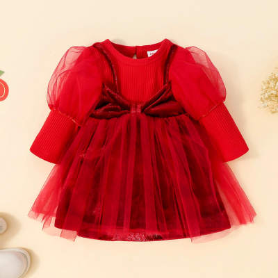 hibobi Baby Girl 2 in 1 Solid Color Ribbed Mesh Patchwork Bowknot Front Long Sleeve Dress
